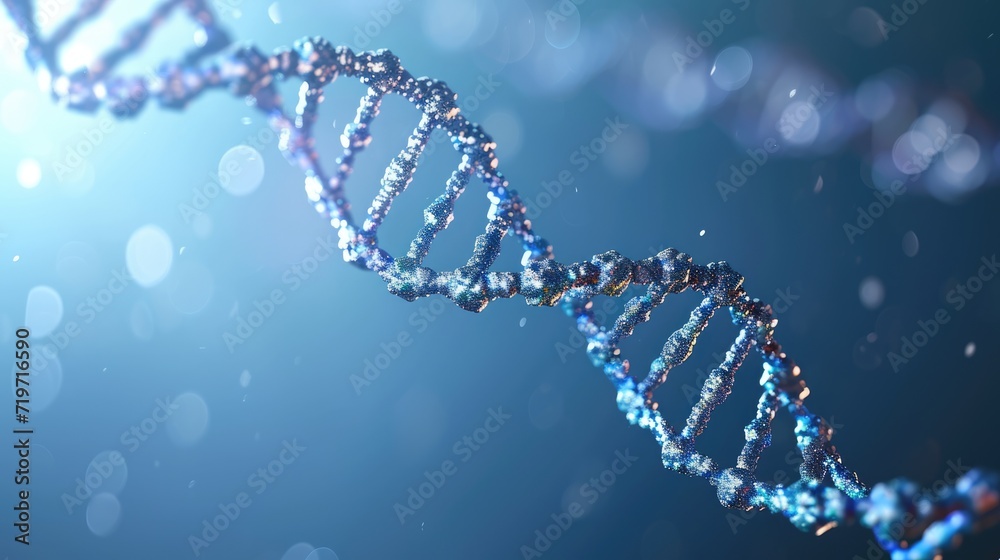 DNA helix model on blurred background with free place for text. Genome studies, medical research science banner
