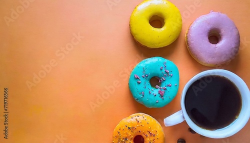 Delicious breakfast with donuts and coffee. Vivid orange background with copy space
