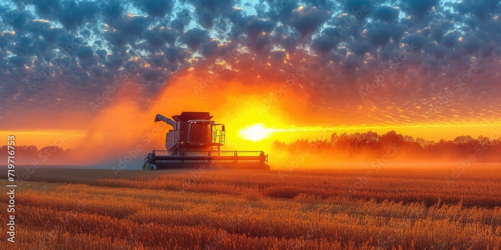 Combine harvester harvests ripe wheat