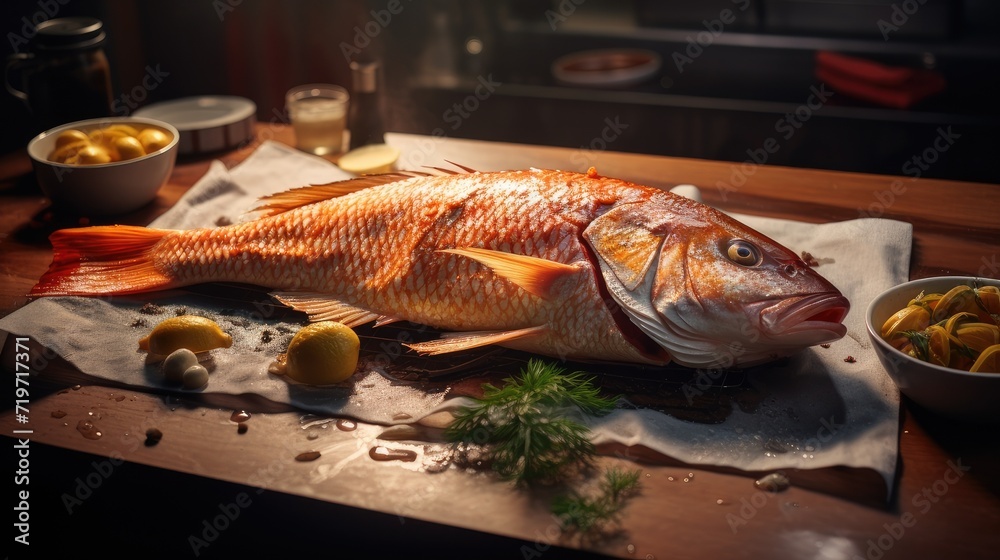 the texture of crispy baked fish skin, juicy flesh and the freshness of grilled vegetables.