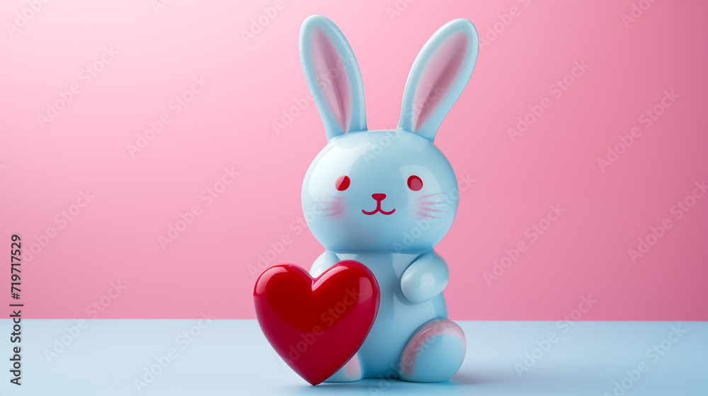 Fototapeta premium Adorable cute latex blue bunny, rabbit with red heart on pink background.