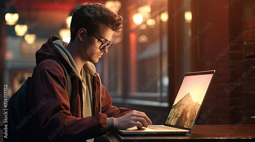 a person using a laptop, this reflects the real work of a freelancer. Reflection on the screen and general interaction with the laptop to make the scene more convincing.