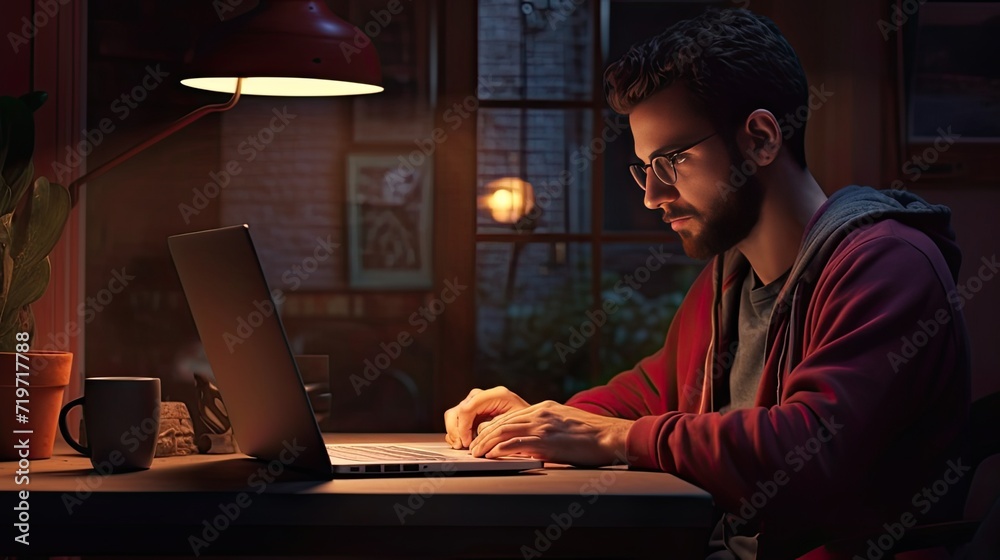 a person using a laptop, this reflects the real work of a freelancer. Reflection on the screen and general interaction with the laptop to make the scene more convincing. a person using a laptop, this reflects the real work of a freelancer. Reflection on the screen and general interaction with the laptop to make the scene more convincing.