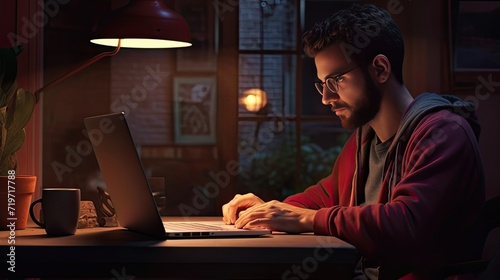 a person using a laptop, this reflects the real work of a freelancer. Reflection on the screen and general interaction with the laptop to make the scene more convincing.