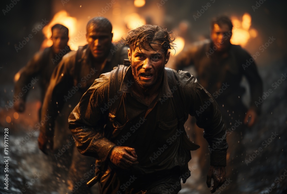 Fototapeta premium In a gritty and intense action-adventure game, a group of men with determined human faces sprint through the pouring rain, their clothing soaked and clinging to their bodies as they race towards thei