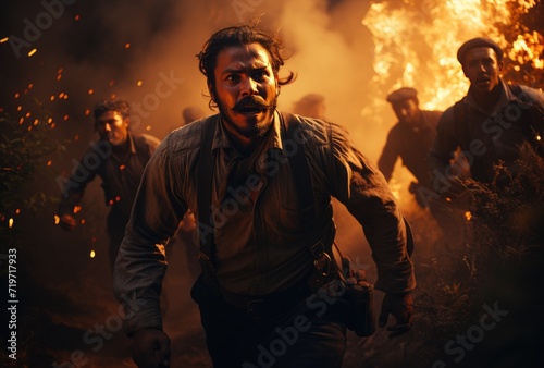 A pack of rugged men flee through the outdoor wilderness, their clothing billowing behind them as they race against the searing heat and choking smoke of a raging bonfire