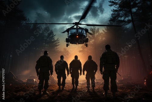 A team of firefighters in uniform navigate a military helicopter through the dense forest, the powerful rotorcraft slicing through the sky as they transport personnel to the ground below