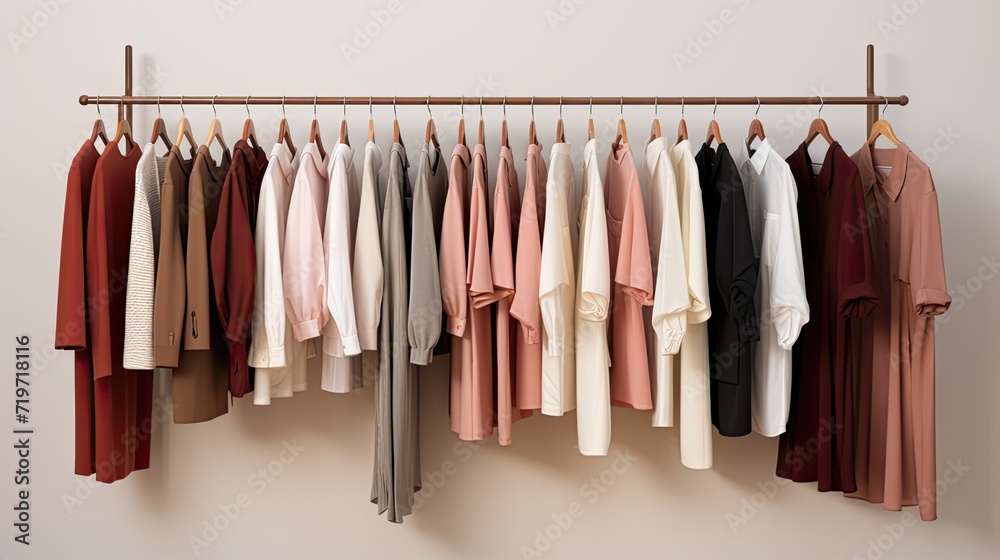 stylish clothes on a hanger in an organized and visually appealing way. Proper spacing between garments and neatly aligned, creating the look of a well-organized closet.