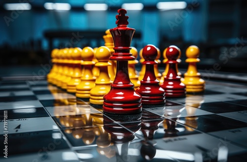 Amidst the contrasting hues of red and yellow  two chess pieces engage in a strategic battle on a sleek black chessboard  igniting a sense of intensity and mental prowess in the indoor game of kings
