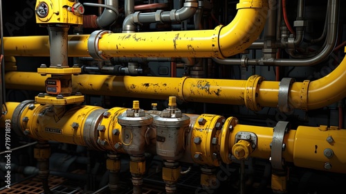 gas tap, yellow gas pipe and wrench are positioned realistically, depicting a real-life gas pipeline repair scenario.