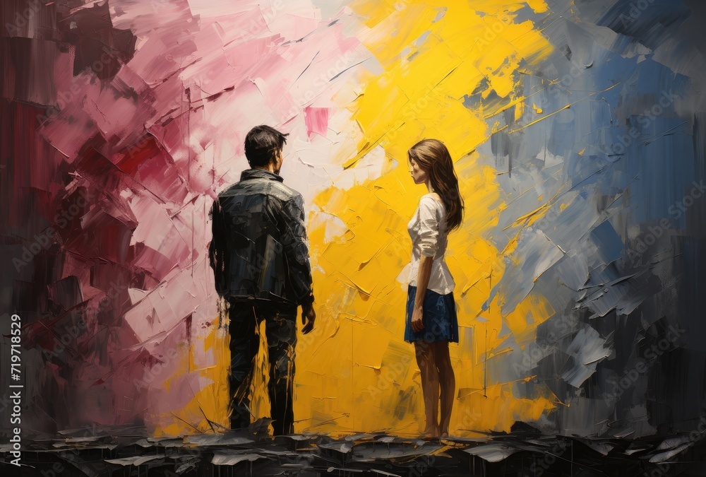 Obraz premium A modern acrylic painting captures the intense gaze of a man and woman, their clothing and footwear reflecting the vibrant energy of the street