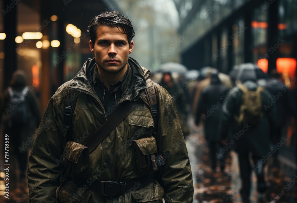 Fototapeta premium A stoic man in a sleek leather jacket braves the rain-soaked city streets, his military uniform peeking out from under the coat as he makes his way towards a looming building
