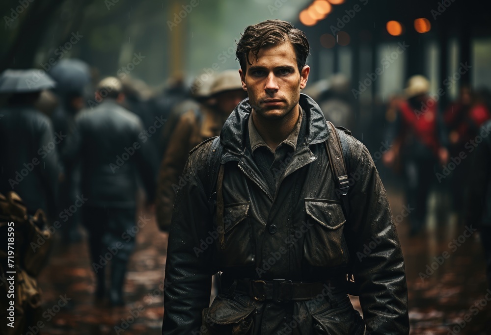 A solitary figure in a weathered leather jacket stands alone on a desolate street, his face hidden beneath the shelter of a worn rain coat