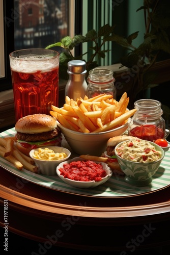 A scrumptious spread of fast food and refreshing drinks awaits on the table, beckoning with its tantalizing display of cuisine and promise of a satisfying meal