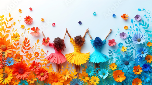 Social media post template, paper cut style of some ladies and flowers, concept of Friendship day