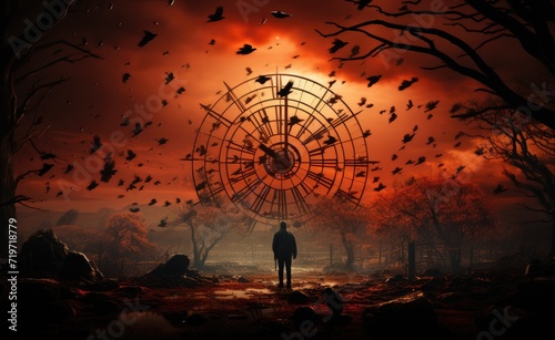 As the sun sets behind a majestic tree, a lone figure stands silhouetted against the sky, illuminated by the soft backlighting of a towering clock, marking the passage of time in the peaceful outdoor