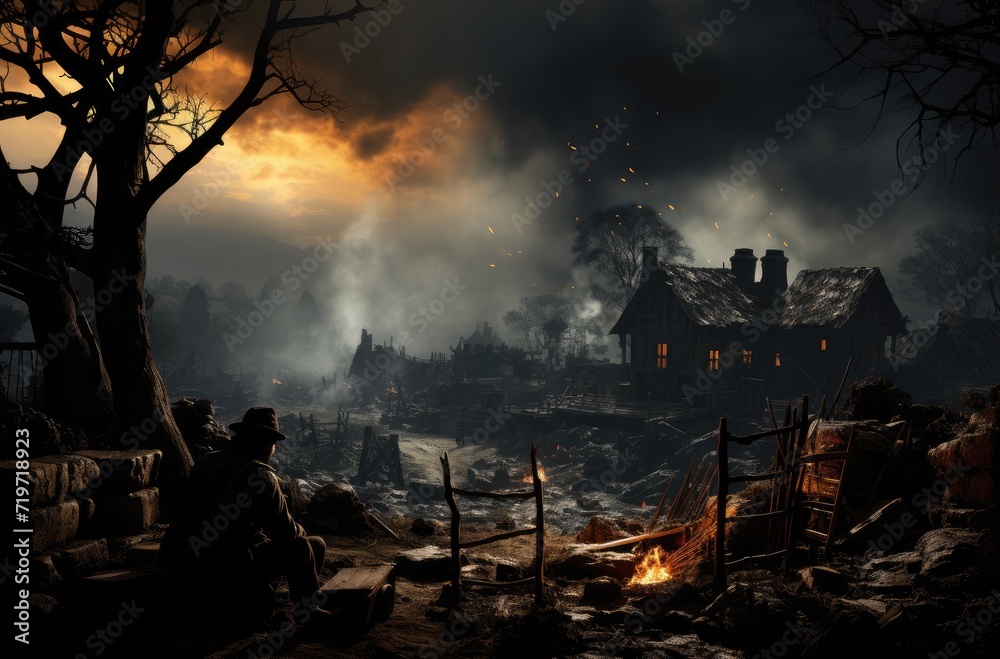 A solitary figure gazes upon the smoky aftermath of a raging fire, as a looming tree stands witness against a polluted sky outside his home A solitary figure gazes upon the smoky aftermath of a raging fire, as a looming tree stands witness against a polluted sky outside his home