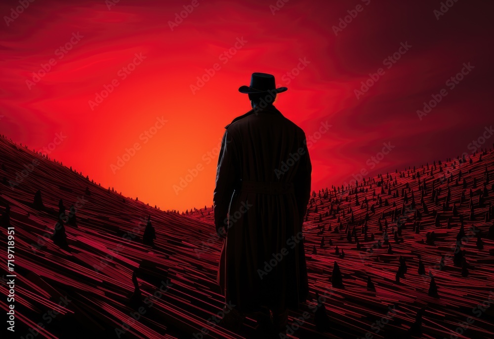 As the fiery sun sets behind him, a lone figure in a red hat walks across the vast desert landscape, his silhouette a stark contrast against the open sky