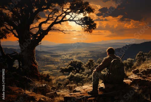 As the sun sets behind the rugged mountains, a lone hiker perches on a rock, gazing at a solitary tree against the backdrop of the expansive sky, surrounded by the untouched beauty of nature