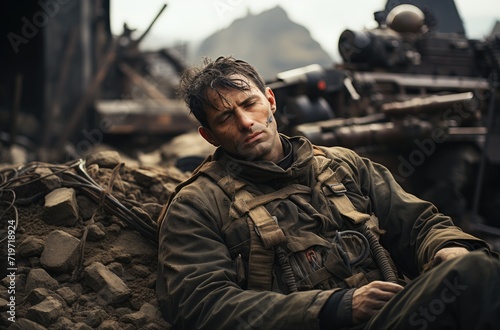 A battle-weary soldier lies face down in the dirt, his camouflage uniform and ballistic vest blending into the earth as he clutches his rifle and stares into the distance, a solitary figure in the va