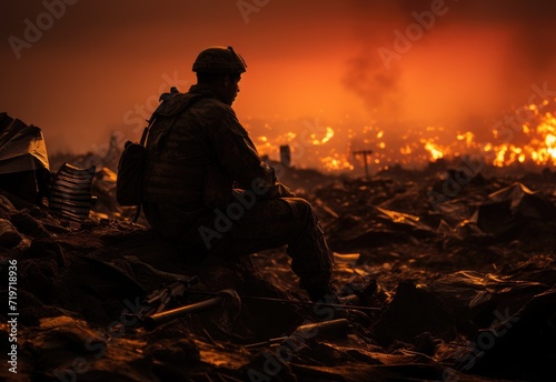 Amidst the destruction and chaos of a disaster, a lone soldier sits on a mound of debris, a symbol of resilience and strength in the face of violence and pollution, as flames and smoke fill the air a © LifeMedia