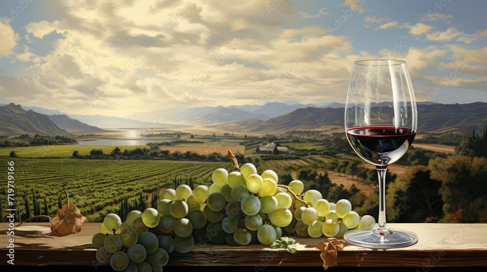 glass of wine against the backdrop of a vineyard landscape. A balance that allows for a clear focus on the winemaking elements while still leaving plenty of space for text.