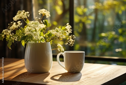 Amidst the cozy wooden setting, a delicate porcelain mug and a vibrant floral vase sit atop the table, bringing the outdoors in and inviting a peaceful moment with a warm cup of coffee
