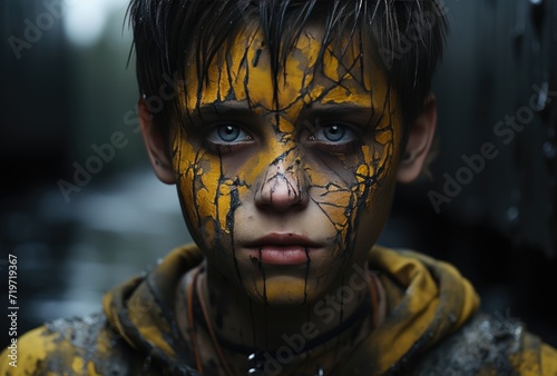 A haunting portrait of a human face, painted yellow and adorned with a terrifying expression, captures the horror and mystery of a boy wearing a mask photo