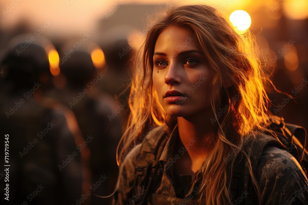 A fierce and elegant soldier stands tall in the dark streets, her long brown hair framing her determined face as she exudes confidence in her street fashion military uniform A fierce and elegant soldier stands tall in the dark streets, her long brown hair framing her determined face as she exudes confidence in her street fashion military uniform