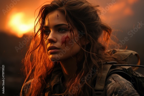 A haunting portrait of a woman with blood-stained face, her long dark hair illuminated by the setting sun against the backdrop of a fiery sky, evoking a sense of mystery and danger