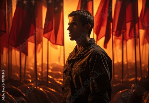 A solemn figure adorned in traditional clothing stands in front of a sea of flags, a poignant representation of humanity's diversity and unity captured in art