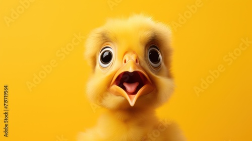 Realistic Baby chicken cute surprised face on yellow background AI generated image