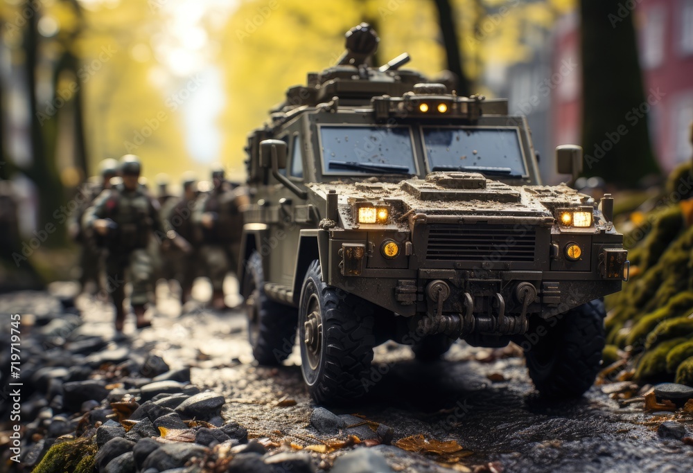 A rugged offroad military vehicle braves the rocky terrain, armed and ready for combat as it transports soldiers through the harsh outdoor landscape A rugged offroad military vehicle braves the rocky terrain, armed and ready for combat as it transports soldiers through the harsh outdoor landscape
