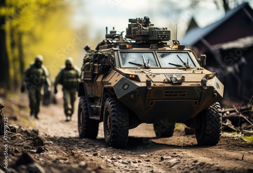 A heavily-armored tank barrels down a dusty dirt road, its powerful wheels churning up clouds of earth as it transports a lethal weapon of war for the military organization