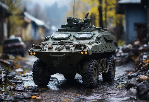 A formidable self-propelled artillery tank traverses through the muddy terrain, its weapon-loaded gun turret ready for combat, as it transports troops and defends the land with its armored car design photo