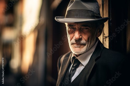 An aged man with deep eyes, donning a stylish fedora, lost in thought amidst the historic beauty of a rustic city