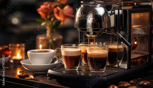 The sleek coffee machine gracefully dispenses rich, aromatic brew into delicate glasses, evoking a sense of cozy comfort in a modern kitchen setting