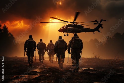 A brave team of firefighters and military personnel march towards a roaring helicopter, ready to take to the sky and battle the raging flames below
