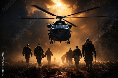 A group of determined soldiers trek towards their lifeline, a roaring military helicopter with its powerful rotorcraft ready to transport them to their mission, amidst the bustling outdoor setting fi