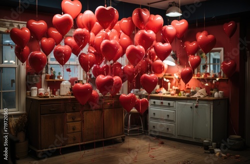 A vibrant burst of love and celebration fills the cozy kitchen as a wall adorned with red heart-shaped balloons transforms the room into a festive party supply paradise photo