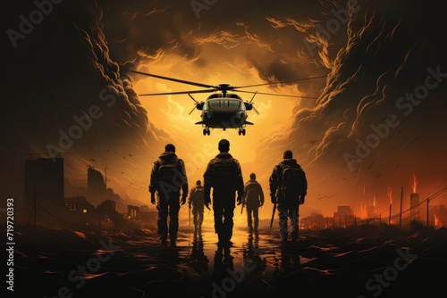 A team of brave firefighters head towards their helicopter, silhouetted against the night sky, ready to battle the raging fire in the distance © LifeMedia