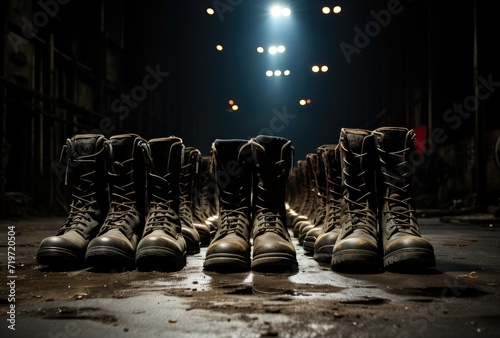 In the dark streets of the city, a row of worn boots stands in silent testament to the journeys taken and battles fought on the unforgiving ground photo