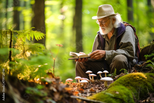 A Dedicated Mycologist in His Natural Habitat, Exploring and Identifying Variety of Mushrooms in the Wild