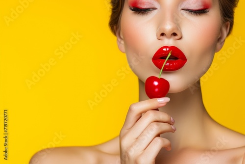 Close-up portrait of beautiful young woman with cherry on yellow background. AI generated