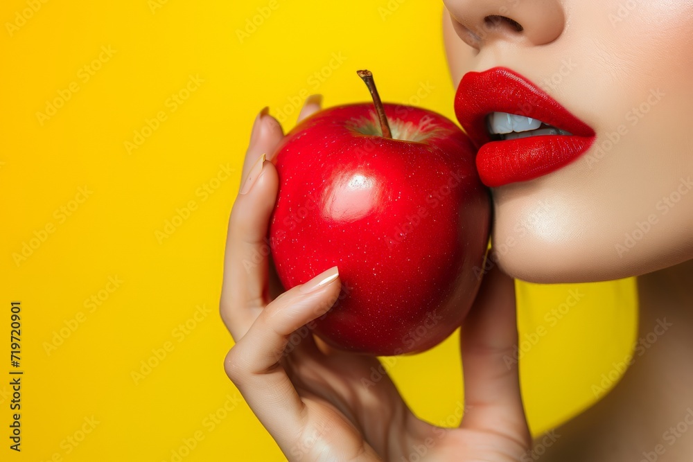 Beautiful woman with red lips and apple on yellow background, closeup. AI generated Beautiful woman with red lips and apple on yellow background, closeup. AI generated