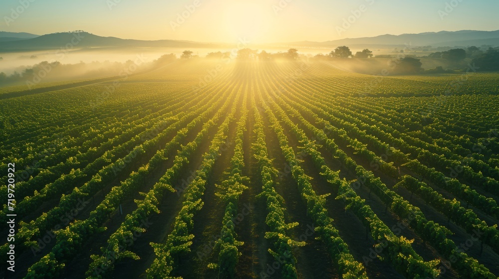 An aerial view of a vineyard at sunrise, sunlight filtering through rows of grapevines, highlighting clusters of dark grapes and vibrant green leaves