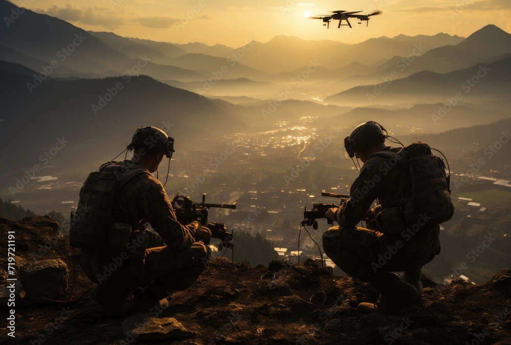 As the sun set behind the rugged mountain, two soldiers paused from their hike to admire a drone soaring through the expansive sky above