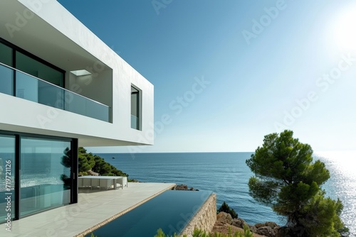 Architecture  modern house by the sea  view from the terrace. AI generated