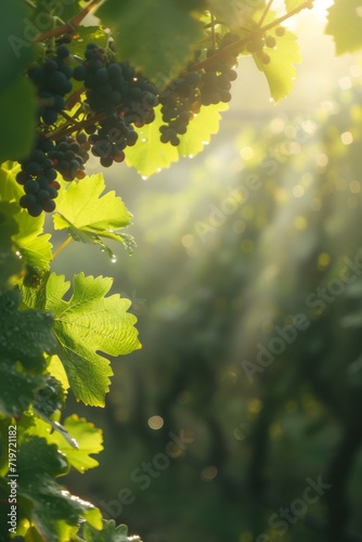 A side view of a sun-drenched vineyard, rays of light piercing through to reveal glistening dark grapes and lush foliage, background showing distant rows of vines in a soft haze