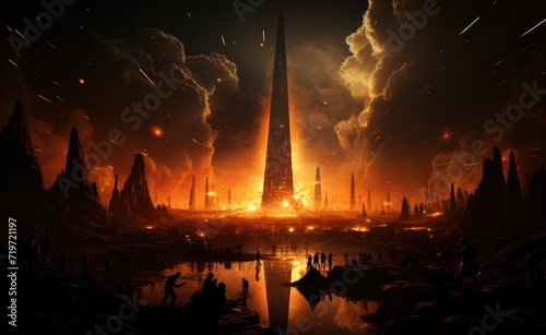 Amidst the darkened sky, a towering building stands ablaze, casting a scorching heat upon the frantic figures below, as the city becomes engulfed in flames